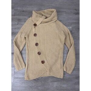 Waffle Knit Asymmetrical Button Cowl Neck Sweater Beige Long Sleeve Size Small